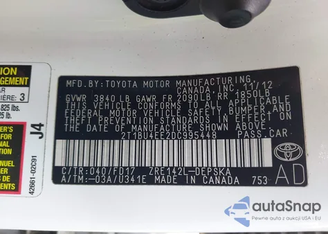 2013 Toyota Corolla S z USA, uszkodzony, nr VIN 2T1BU4EE2DC995448